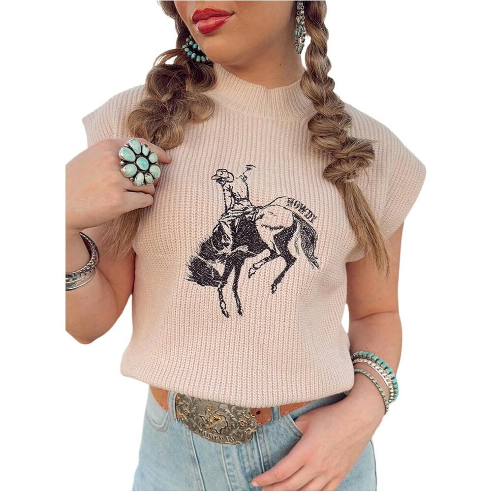 Women's Light Khaki Western Embroidered Crew Neck Cap Sleeve Pullover Sweater